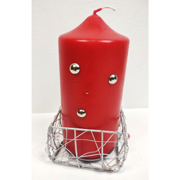 Handmade Christmas Candy Cane Pillar Candle 6oz w Wire Basket Red Holiday - Picture 3 of 12